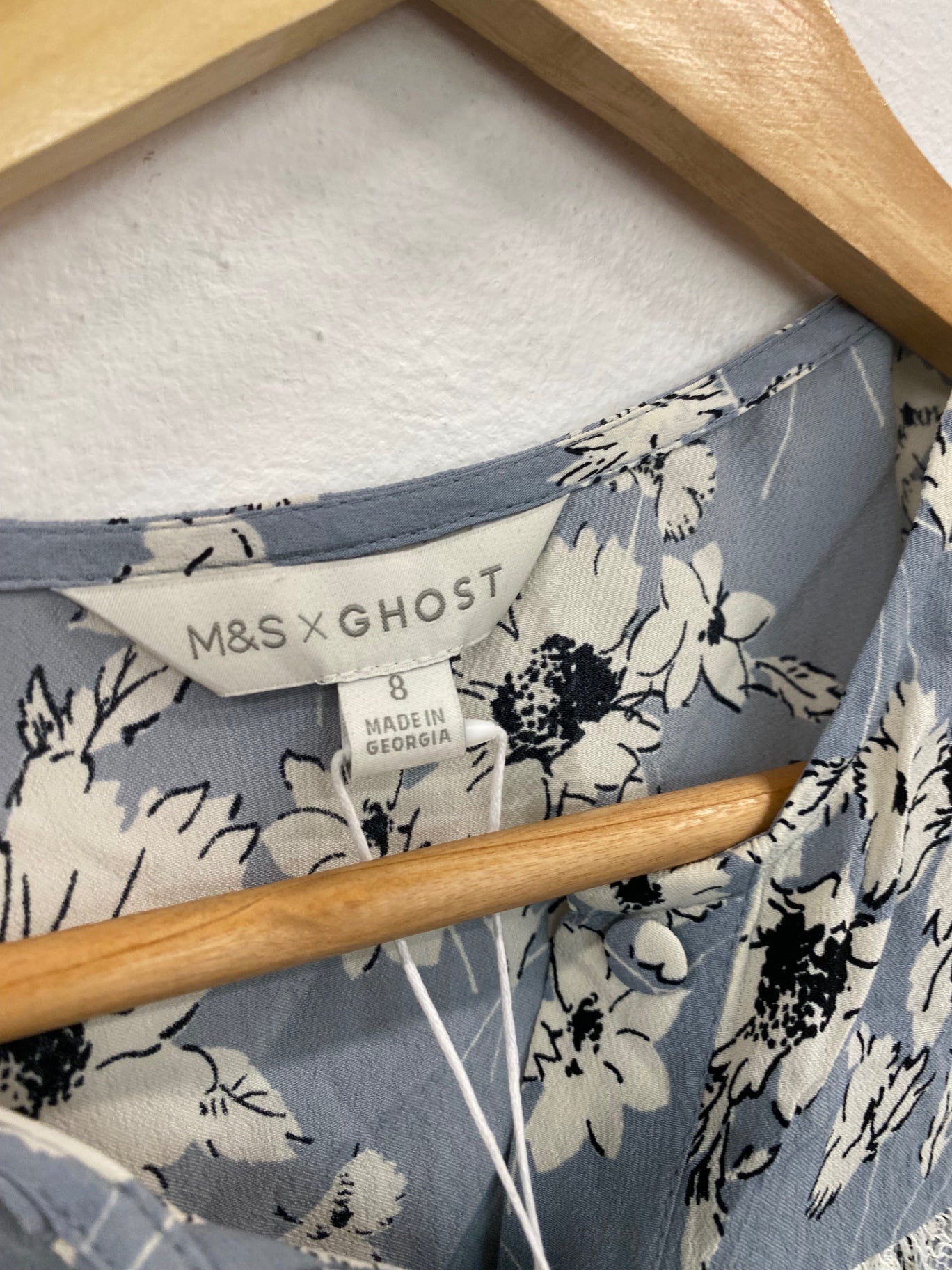 Fabulous M&S x GHOST lace trimmed ornate romantic Blouse UK8 Blue & cream HT149