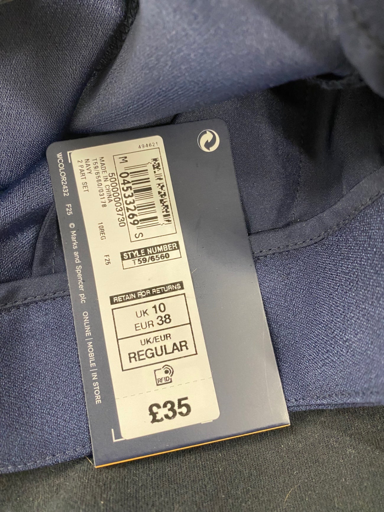 Fabulous M&S Tailored High Rise Tapered trousers UK10 Navy Belted HT149