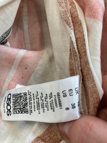 Gorgeous ASOS backless flirty Summer linen striped Dress UK10 Beige pink HG001