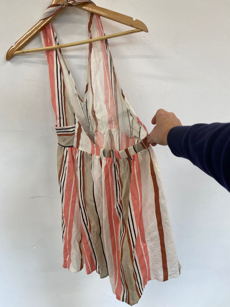 Gorgeous ASOS backless flirty Summer linen striped Dress UK10 Beige pink HG001