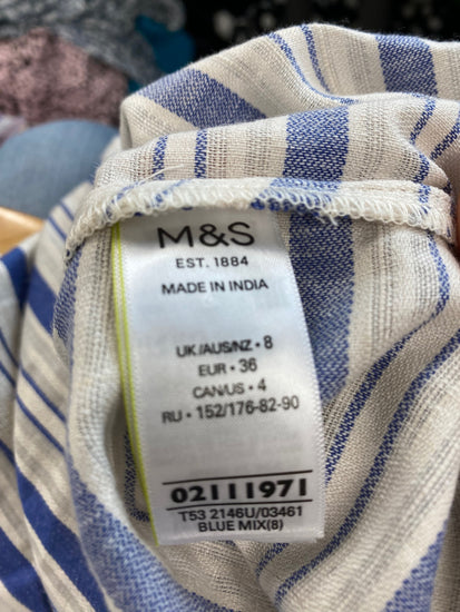 Gorgeous Per Una Short sleeve nautical Blouse UK8 Beige & Blue HT149