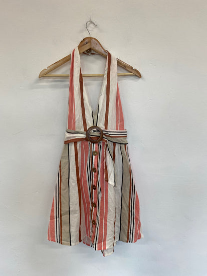 Gorgeous ASOS backless flirty Summer linen striped Dress UK10 Beige pink HG001