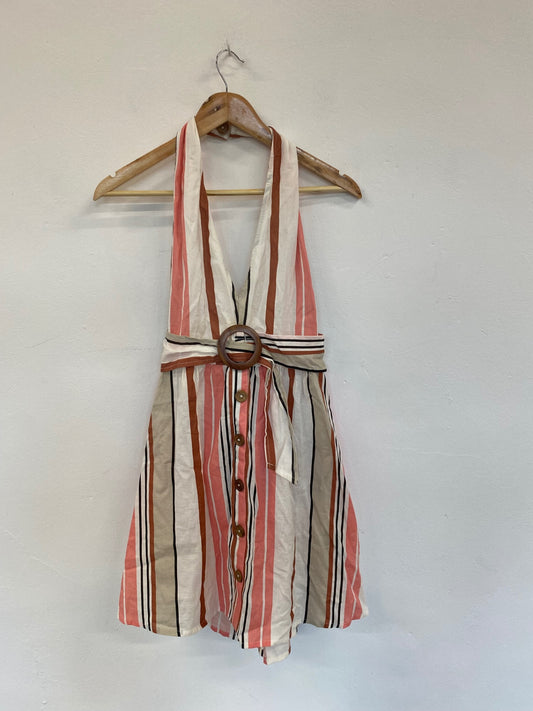 Gorgeous ASOS backless flirty Summer linen striped Dress UK10 Beige pink HG001