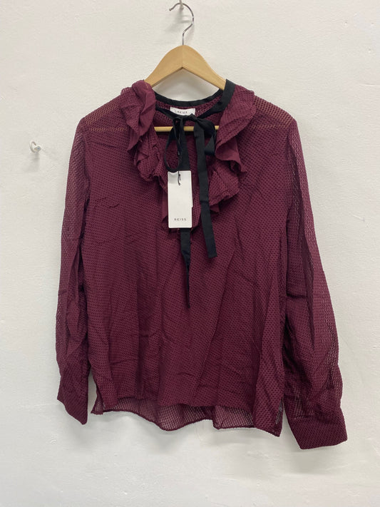 Fabulous REISS textured Mackenzie New Blouse Uk8 Berry Pussy bow semi sheer JM182