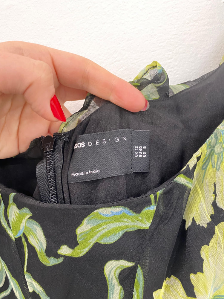 Fabulous Asos Black & Green Floral Maxi Dress UK12 KS002