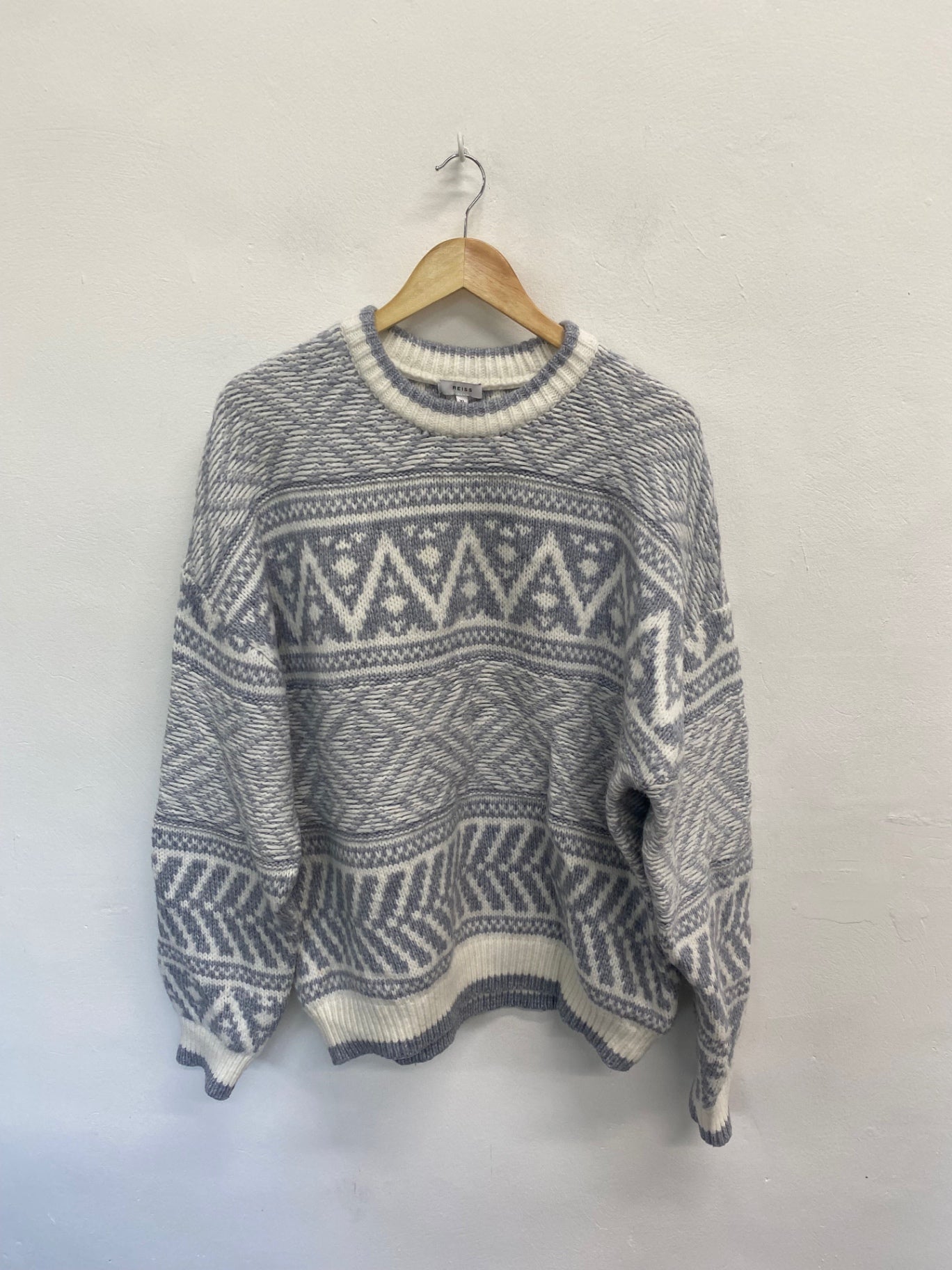 Fabulous Reiss Sweater UK XL Gray and Cream fair isle men’s KS002