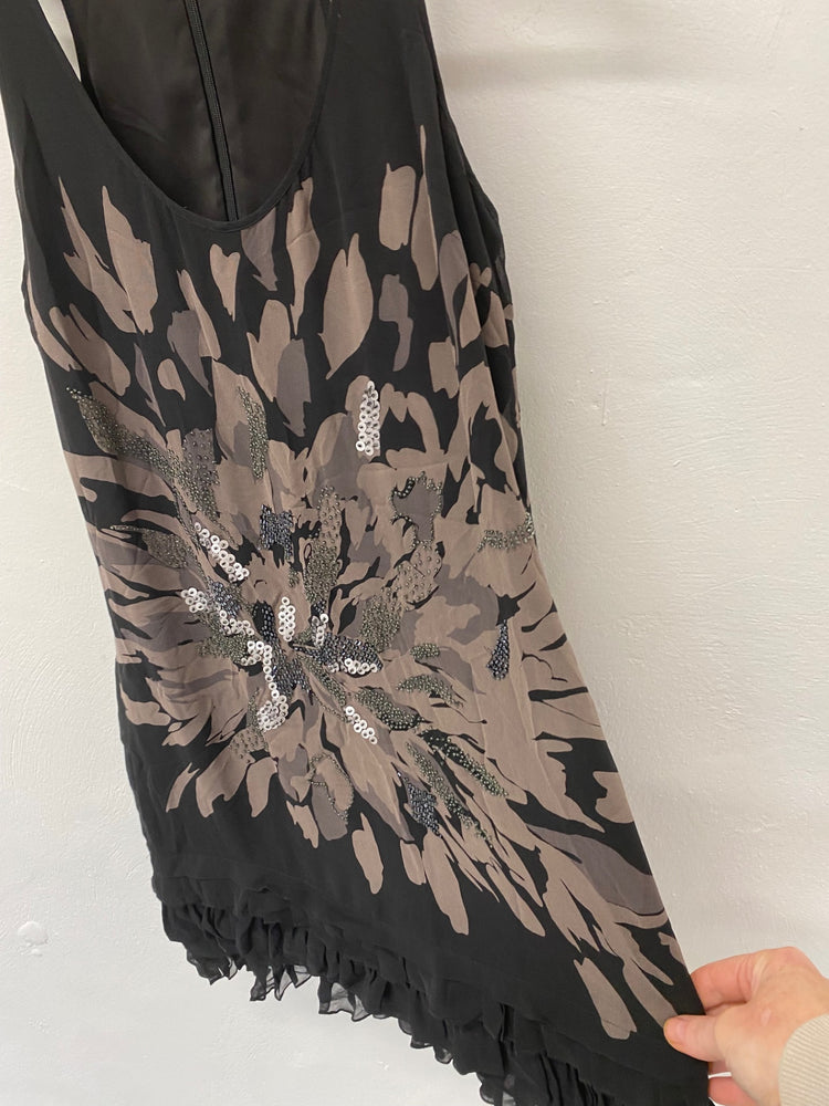 Fabulous Ted Baker 1920’s vibes retro silk  Dress UK12 Black Ruffles party SC007