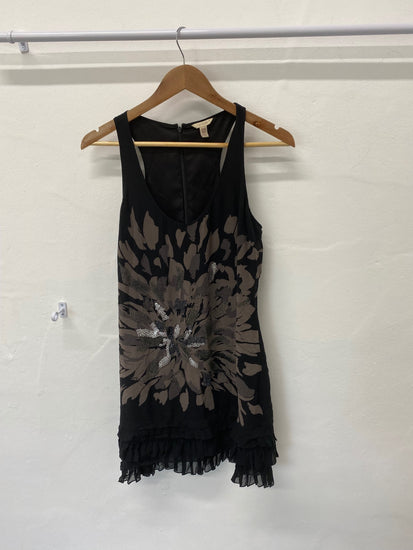 Fabulous Ted Baker 1920’s vibes retro silk  Dress UK12 Black Ruffles party SC007