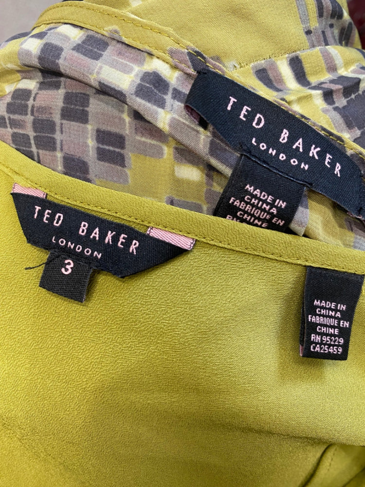 Fabulous Ted Baker Dress UK12-14 Olive green and black pattern with slip SC007