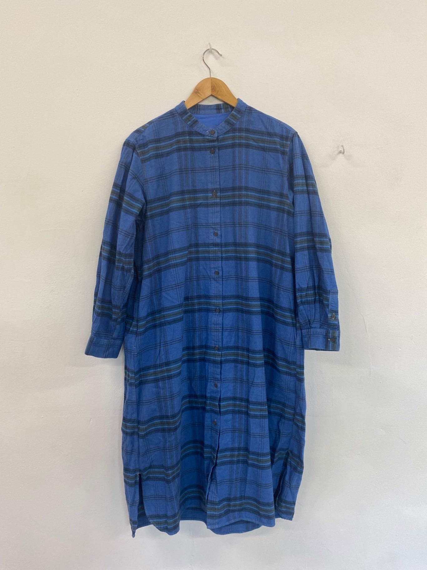 Fabulous Muji Blue Plaid Maxi Shirt Dress UK L DC433