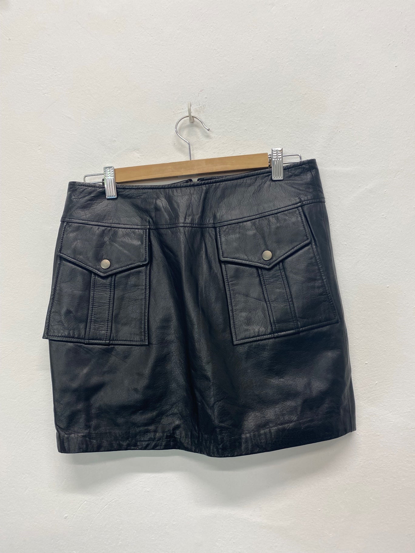 Fabulous BikBok leather Y2K Vintage mini Skirt UkL Black Pockets CD434