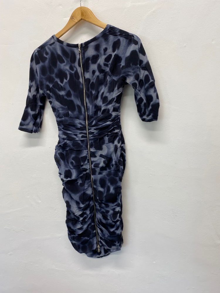 Fabulous Whistles silk ruffle mini Dress UK10 Navy tie die Party occasion CD434