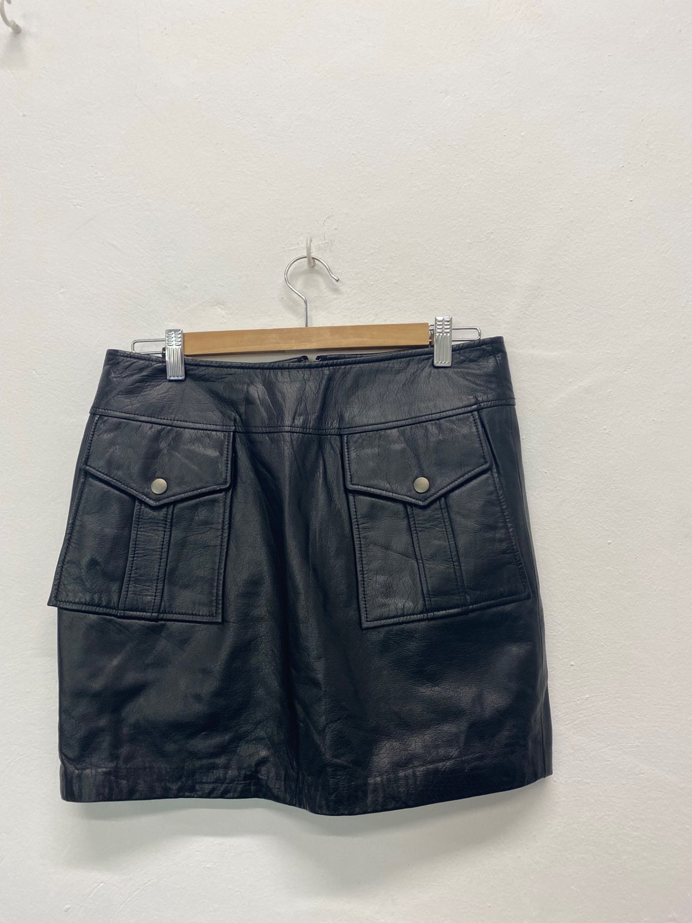 Fabulous BikBok leather Y2K Vintage mini Skirt UkL Black Pockets CD434