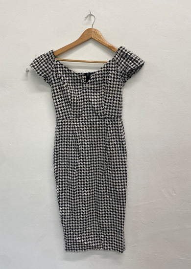 Fabulous British retro Dress UK10 Black and white houndstooth NM001