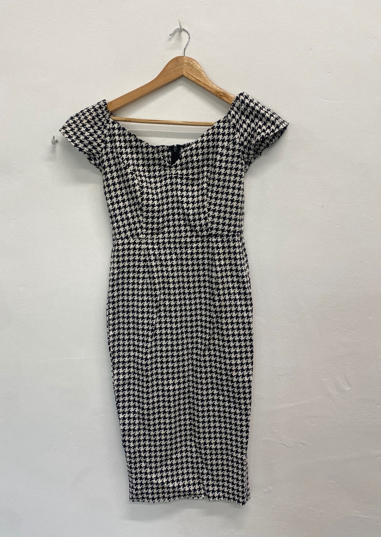 Fabulous British retro Dress UK10 Black and white houndstooth NM001