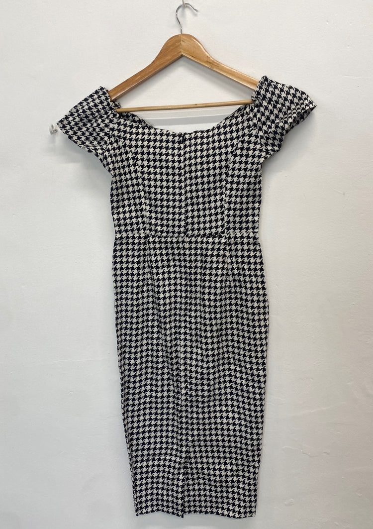 Fabulous British retro Dress UK10 Black and white houndstooth NM001