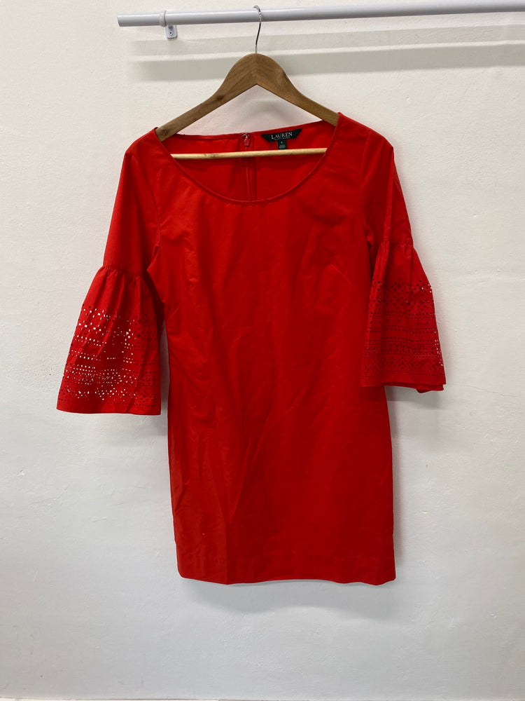 Fabulous Ralph Lauren broderie sleeve Dress UK10 Red Fine cotton SN005