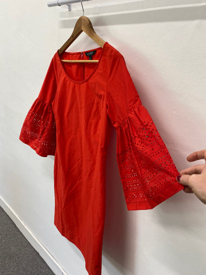 Fabulous Ralph Lauren broderie sleeve Dress UK10 Red Fine cotton SN005