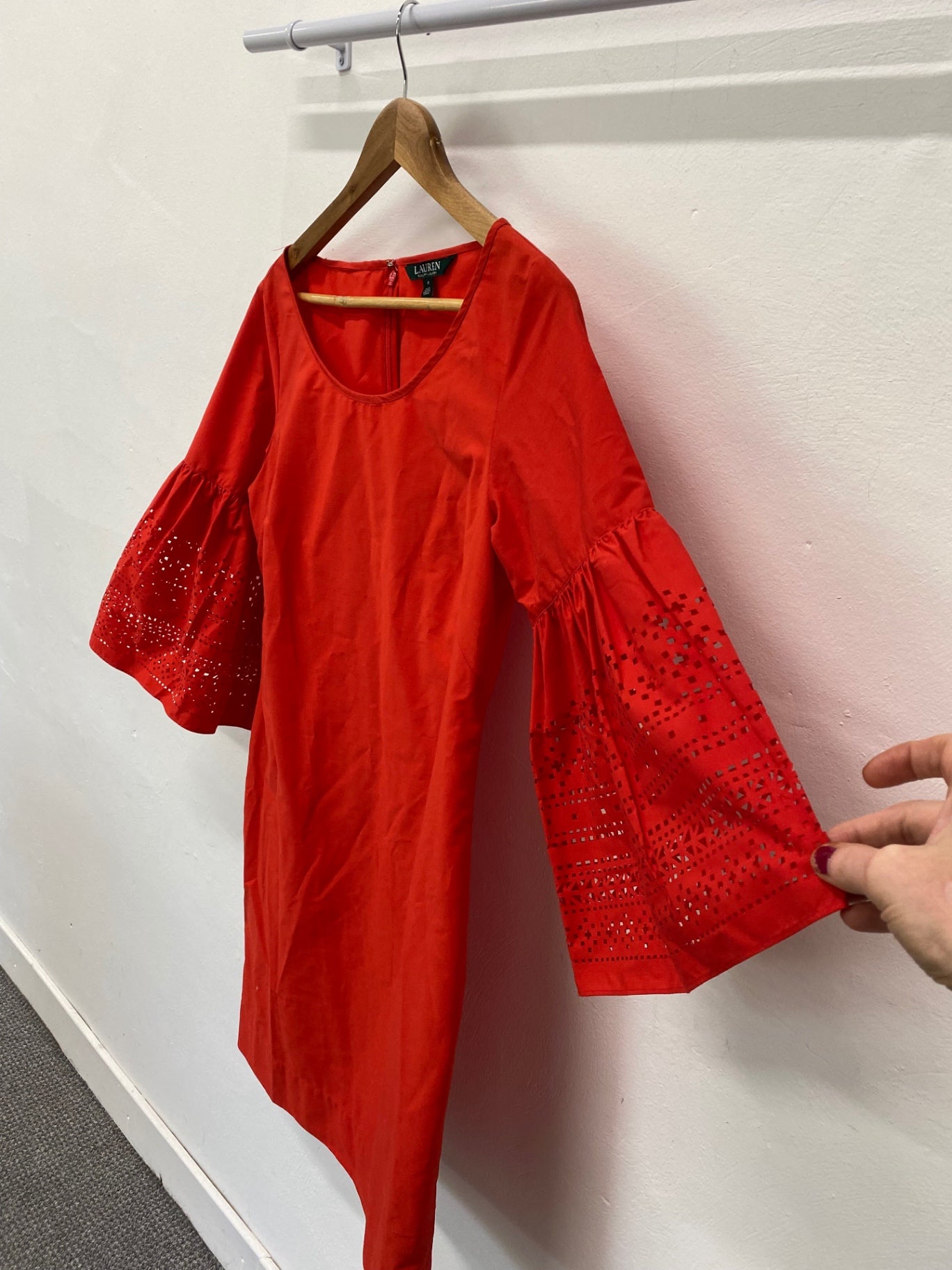 Fabulous Ralph Lauren broderie sleeve Dress UK10 Red Fine cotton SN005