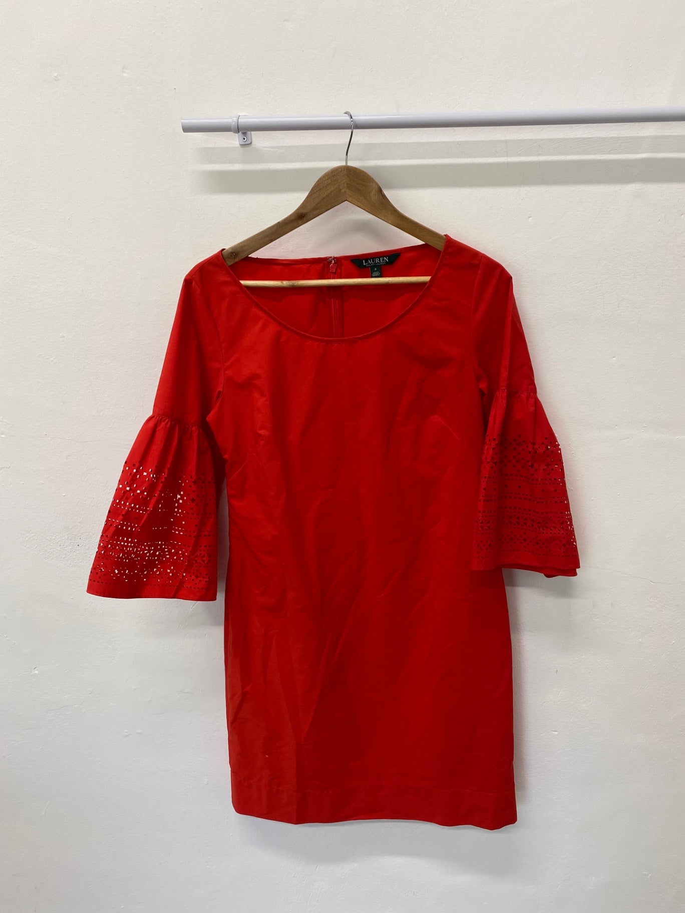 Fabulous Ralph Lauren broderie sleeve Dress UK10 Red Fine cotton SN005