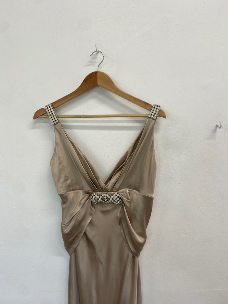 Fabulous Collette dinnegan Dress UK L Beige silk jewel formal GM143