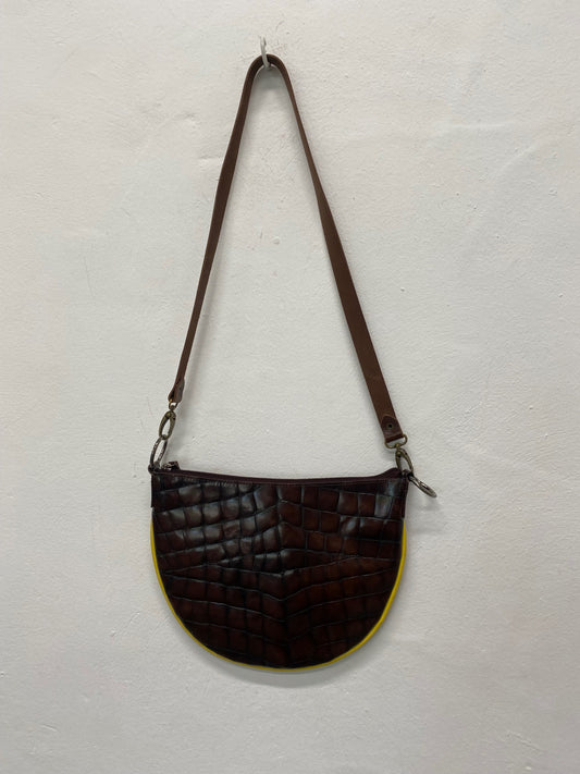 Fabulous Y2K DKNY Moc Croc leather Bag half moon One Size Brown & Yellow BS001