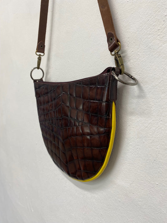 Fabulous Y2K DKNY Moc Croc leather Bag half moon One Size Brown & Yellow BS001