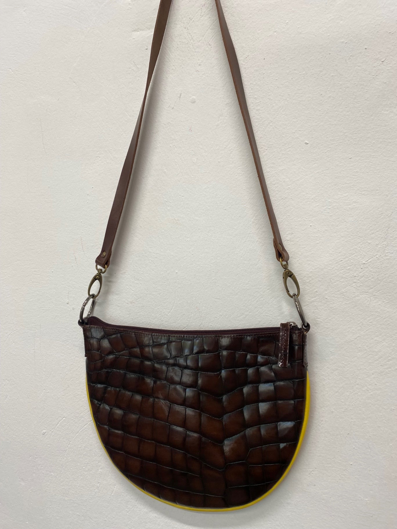 Fabulous Y2K DKNY Moc Croc leather Bag half moon One Size Brown & Yellow BS001
