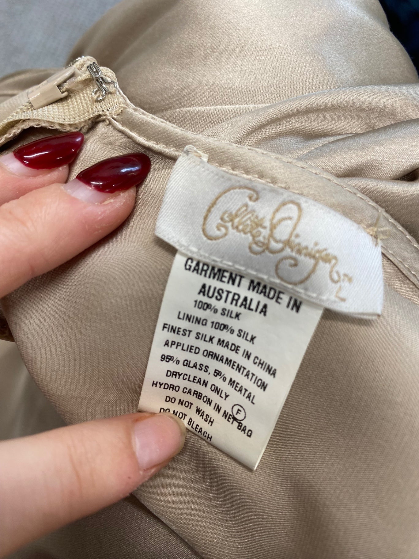 Fabulous Collette dinnegan Dress UK L Beige silk jewel formal GM143