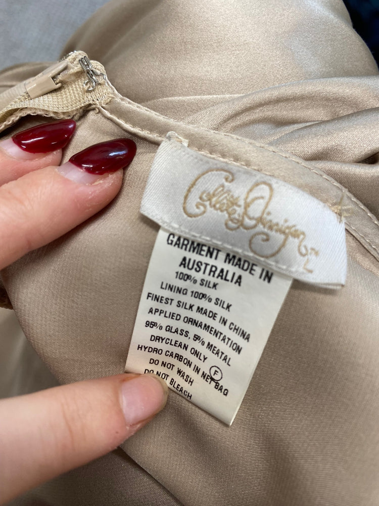 Fabulous Collette dinnegan Dress UK L Beige silk jewel formal GM143