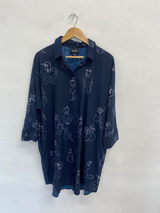 Fabulous MONKI Shirt Dress UK M Navy Blue abstract BS001