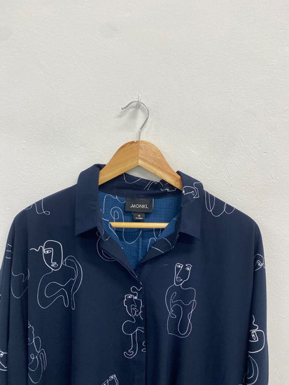 Fabulous MONKI Shirt Dress UK M Navy Blue abstract BS001