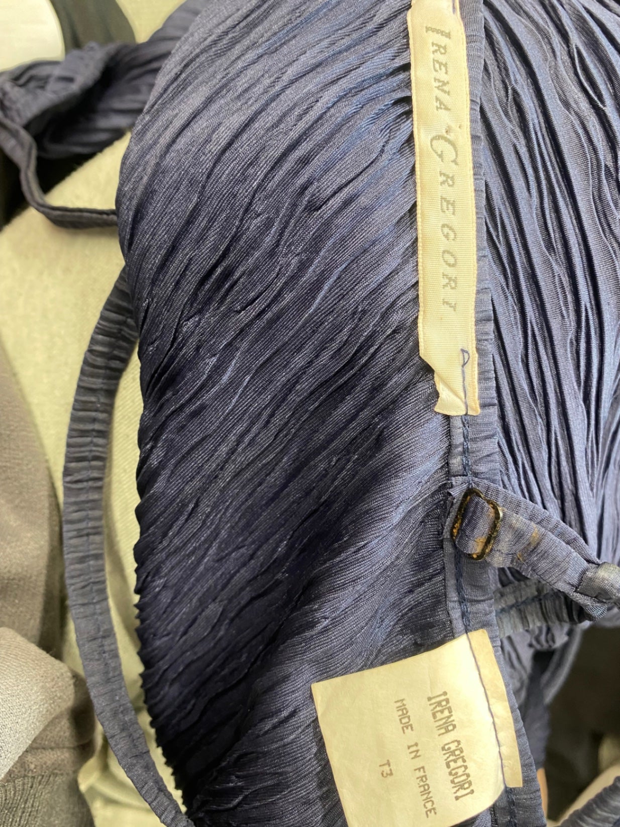 Fabulous Irena gregori Wrap dress UK12 Navy textured Crinkle GM143