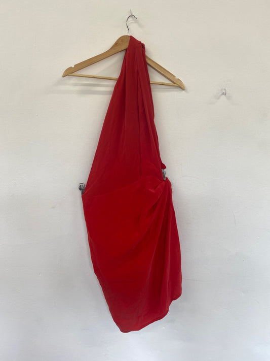 Fabulous Acne Red Asymmetric Silk Raw Hem Mini Dress Elaine UK10 GM143