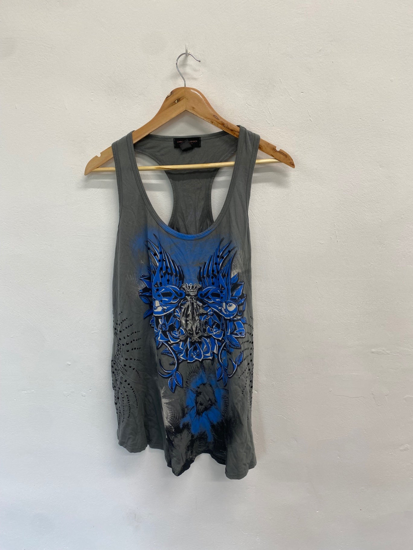 Fabulous Christian Audigier Tank Top UK M Grey Blue alternative GM143
