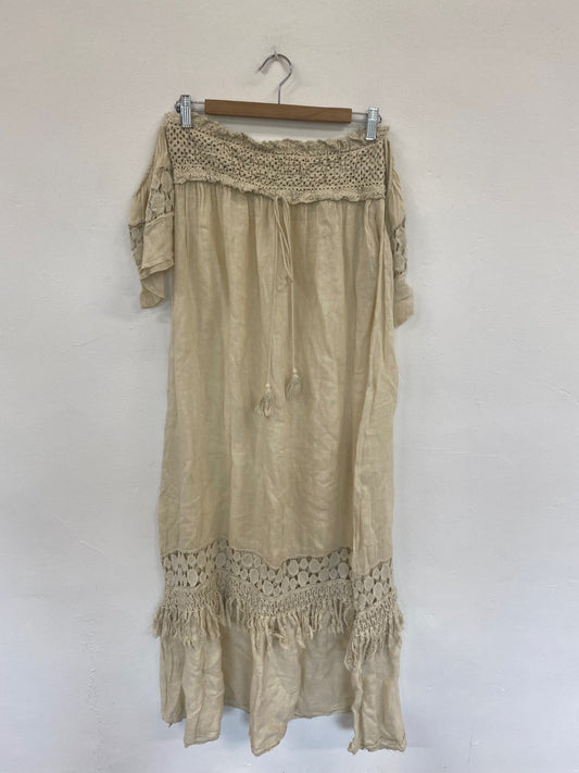 Boho JS Millenium Cream Linen Crochet Maxi Dress One size GM143