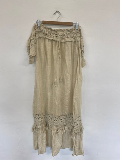 Boho JS Millenium Cream Linen Crochet Maxi Dress One size GM143