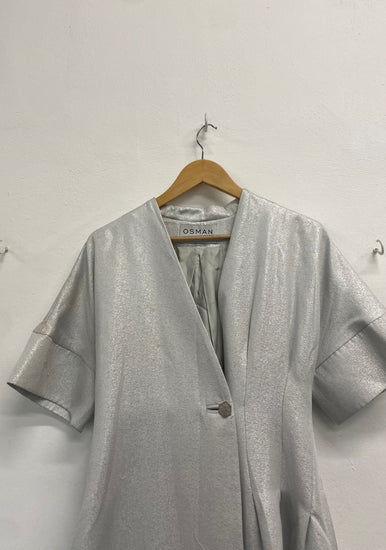 Fabulous OSMAN Dress UK 12 Silver metallic dress coat button flare GM143