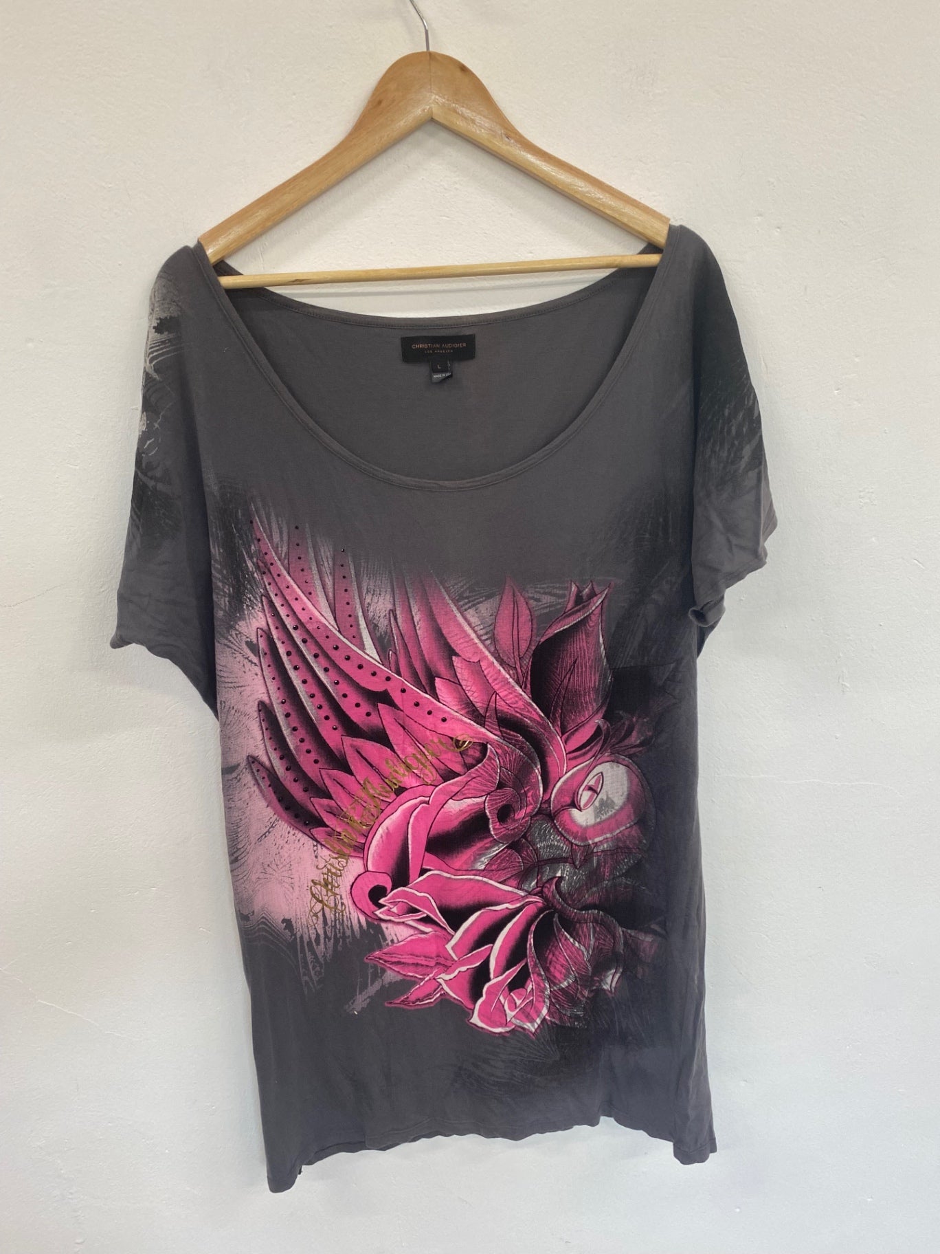 Fabulous Christian Audigier Y2K Grey & Pink Wings Shirt Dress UK L GM143