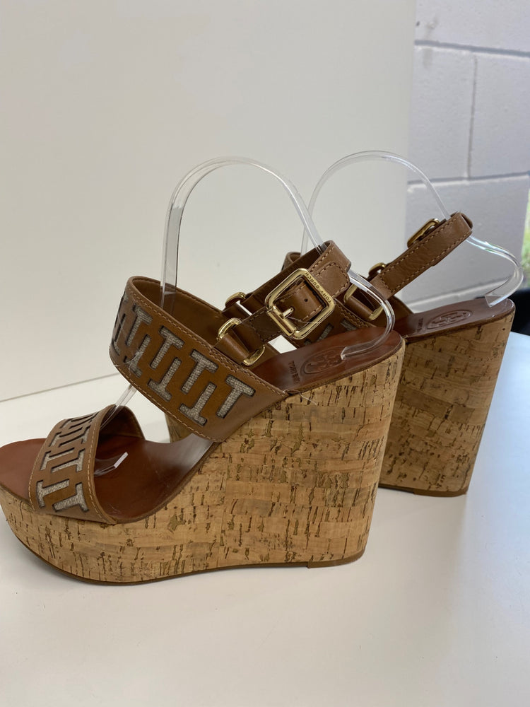 Fabulous Tory Burch Regan Wedge Sandals Uk7 Tan Logo GM143