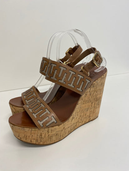 Fabulous Tory Burch Regan Wedge Sandals Uk7 Tan Logo GM143