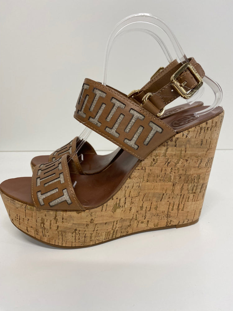 Fabulous Tory Burch Regan Wedge Sandals Uk7 Tan Logo GM143