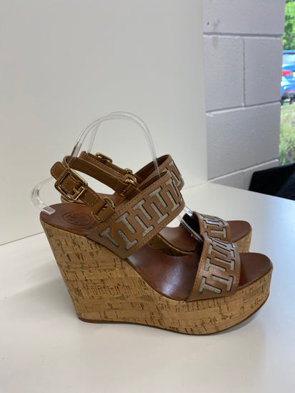 Fabulous Tory Burch Regan Wedge Sandals Uk7 Tan Logo GM143