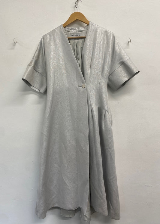 Fabulous OSMAN Dress UK 12 Silver metallic dress coat button flare GM143