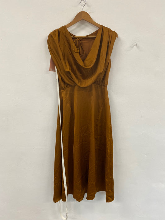 Fabulous Liena Rust Ruched Detail Satin Midi Dress UK10 LG276