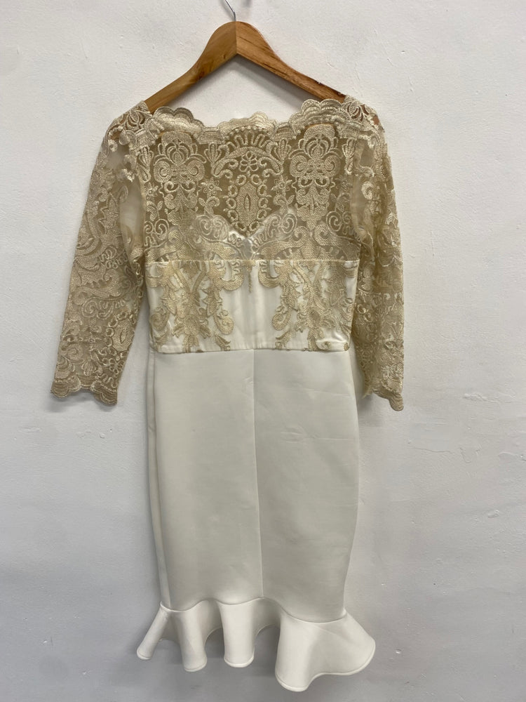 Fabulous Chi chi london Dress UK 12 White gold lace SM438