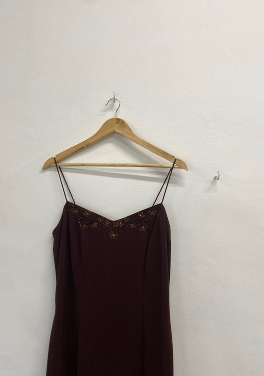 Fabulous Dave & Johnny Dress UK 14 Brown beaded maxi evening TM395