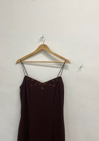 Fabulous Dave & Johnny Dress UK 14 Brown beaded maxi evening TM395