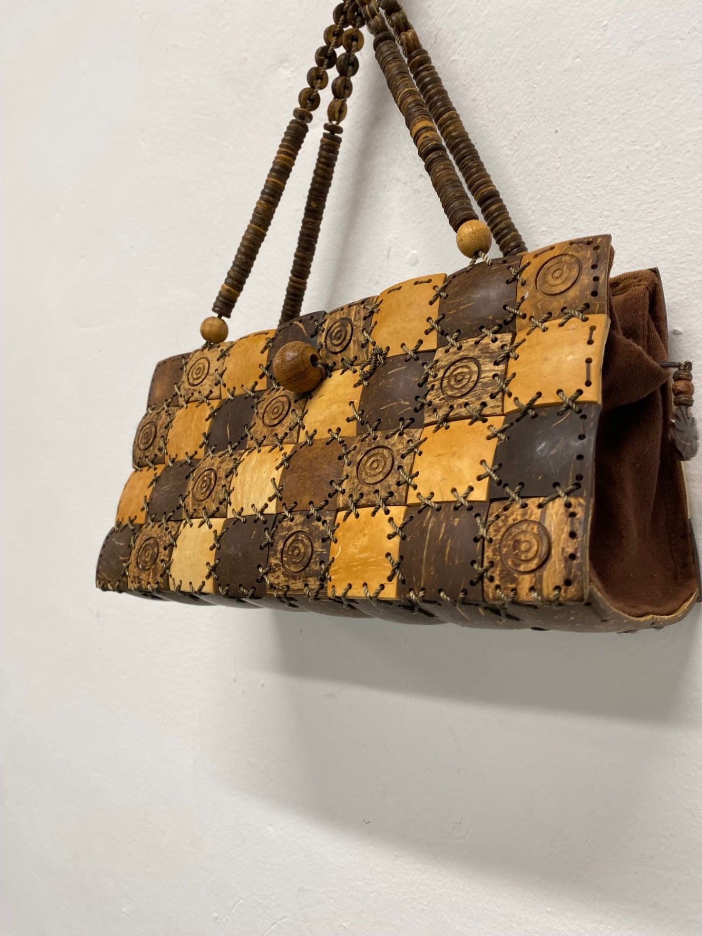 Fabulous Vintage 1980’s coconut & betul wood boho Cottagecore Handbag One size Brown TM395