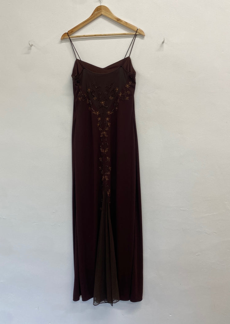 Fabulous Dave & Johnny Dress UK 14 Brown beaded maxi evening TM395